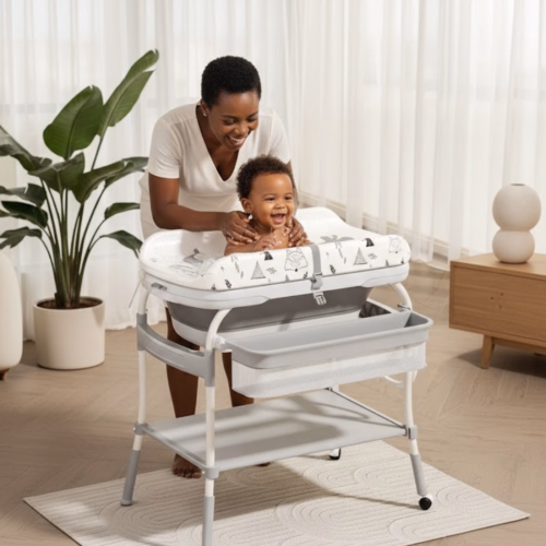 Table à langer 3 en 1 bébé : table de soin, baignoire et commode évolutive. Pliable et pratique.