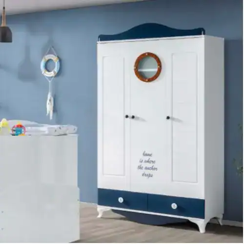 Armoire bébé 3 battants blanc, rangement chambre enfant, penderie et étagères pour jouets et vêtements