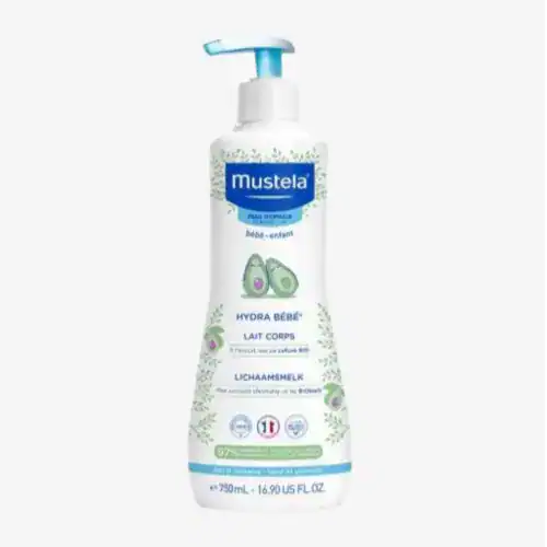 Lait hydra Mustela 500ml pour bébé, peau sèche et sensible, flacon pompe