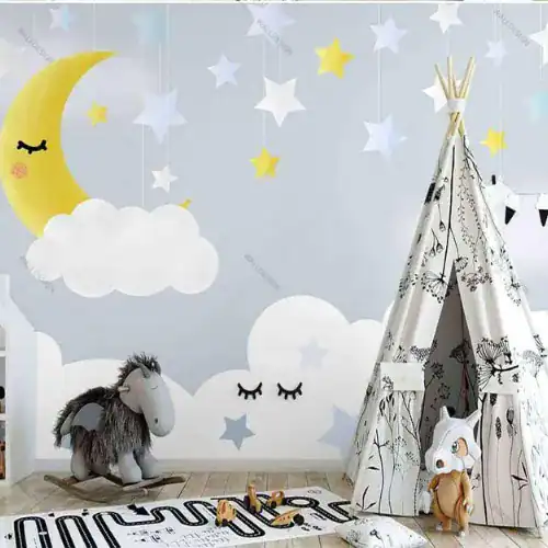 Papier peint intissé motif géométrique bleu et blanc, décoration murale chambre enfant, style moderne