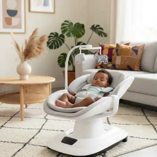 Balancelle Mastella Deluxe blanche, transat bébé confortable, berceuse électrique, jouets, musique, réglable