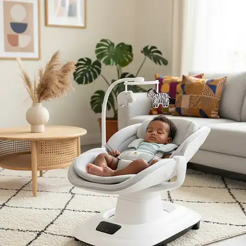 Balancelle Mastella Deluxe blanche, transat bébé confortable, berceuse électrique, jouets, musique, réglable