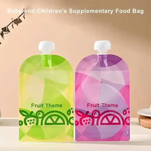 Sachet compote réutilisable bébé, gourde fruits sans BPA, écologique et pratique pour purées et smoothies.