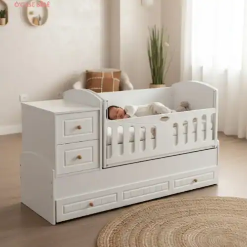 Berceau évolutif blanc avec commode intégrée, lit bébé modulable, mobilier chambre enfant