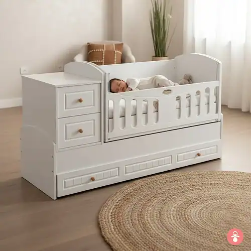 Berceau évolutif blanc avec commode intégrée, lit bébé modulable, mobilier chambre enfant
