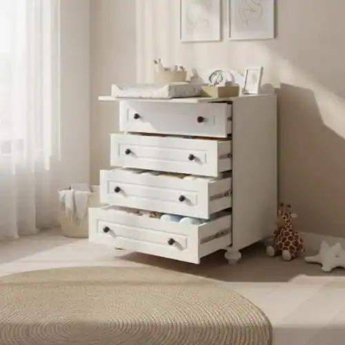 Commode Captain 4 tiroirs blanche, rangement chambre bébé et enfant, style moderne