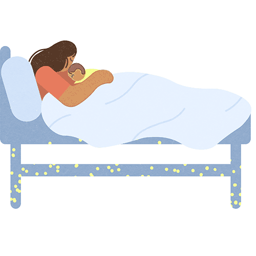 Illustration of parent holding newborn in hospital bed