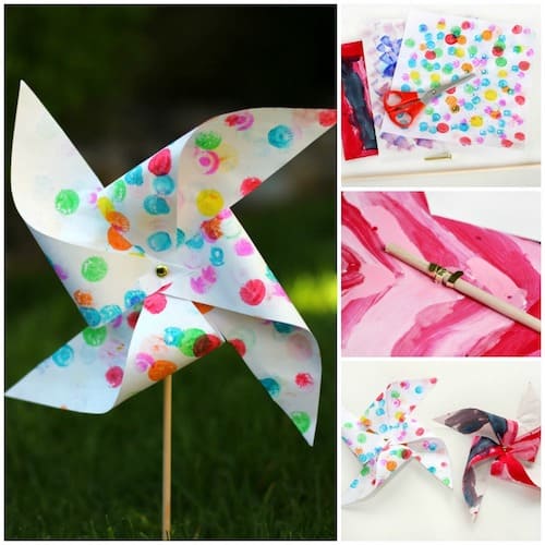 Recycle kids' schoolwork & art you're not ready to throw away into fun pinwheels for the garden. 