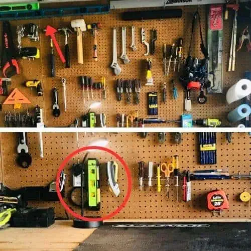 Organize tools on a pegboard: levels