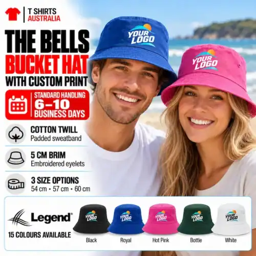 Couple wearing Royal and Hot Pink Legend Bells Bucket Hats with sample Your Logo prints, alongside five hat colour examples