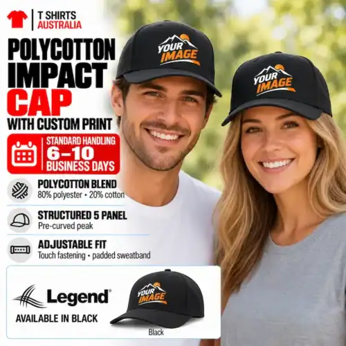 Couple wearing black Legend Polycotton Impact Caps with sample Your Image prints, alongside two cap product views