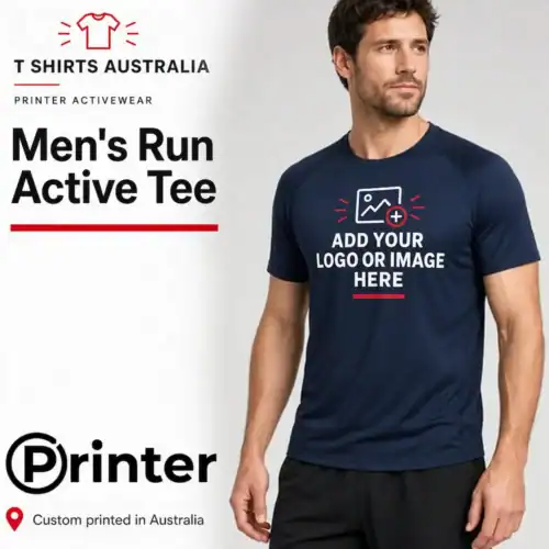 Man wearing a navy Printer Activewear PA408 Men’s Run Active Tee with a custom logo and image print placeholder.