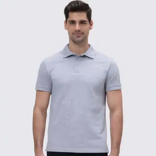 QUOZ Men Classic Polo in Heather-Grey, front lifestyle view on model