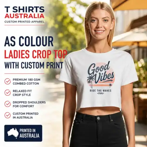 AS Colour ladies crop top with custom printing in Australia
