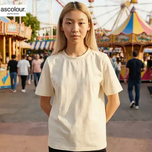 AS Colour Ladies Heavy T Shirt in Ecru with custom print, lifestyle view