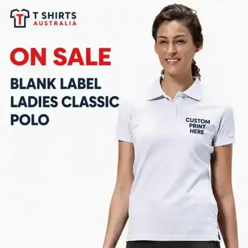 On sale Blank Label ladies classic polo with custom printing in Australia