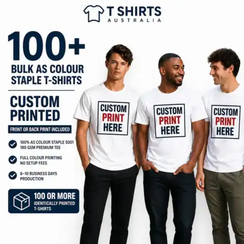 100+ bulk AS Colour Staple custom printed T-shirts in Australia
