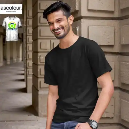 AS Colour men’s basic T shirt worn by male model, front view, black, regular fit.