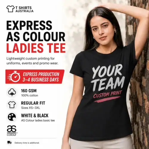 Woman wearing a black custom printed ladies T-shirt with express 3–4 business day production in Australia.