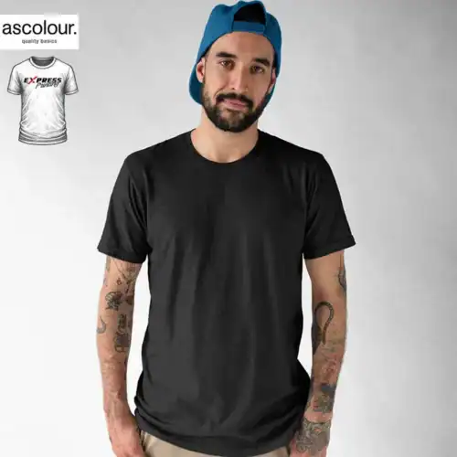 Express custom printed AS Colour men’s black T shirt, front view