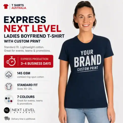 Express Next Level ladies boyfriend T-shirt in navy with Your Brand custom print