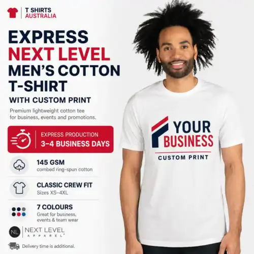 Express Next Level men’s cotton T-shirt with custom business print and 3–4 business day production