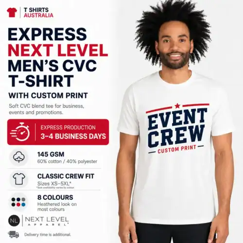 Express Next Level men’s CVC T-shirt with custom Event Crew print and 3–4 business day production