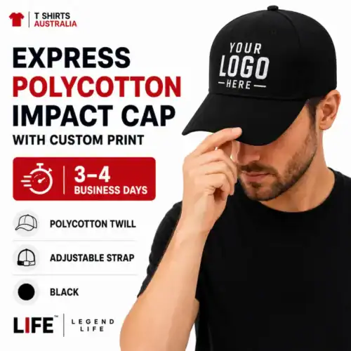 Express polycotton impact cap custom printing in Australia