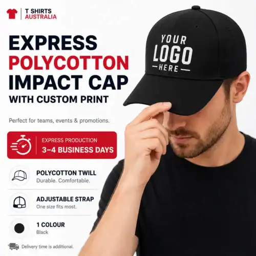 Express black polycotton impact cap with custom print and 3–4 business day production