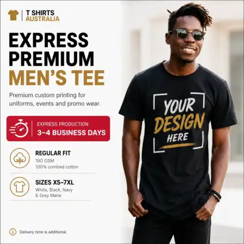 Express premium men’s custom T-shirt with Your Design chest print in Australia