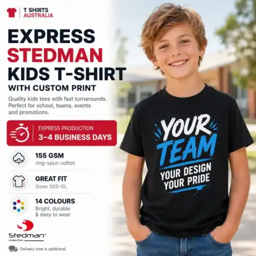 Express Stedman kids custom T-shirt with Your Team print, 155 GSM cotton and 3–4 business day production