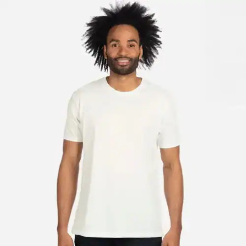Next Level Men's CVC T Shirt in White, lifestyle front view worn
