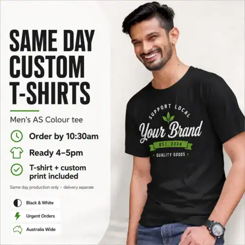 Male model wearing a black custom printed men’s T-shirt with same day ordering information: order by 10:30am and ready by 4–5pm.