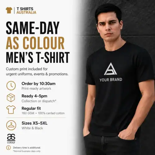Male model wearing a black custom printed men’s T-shirt with same day ordering information: order by 10:30am and ready by 4–5pm.