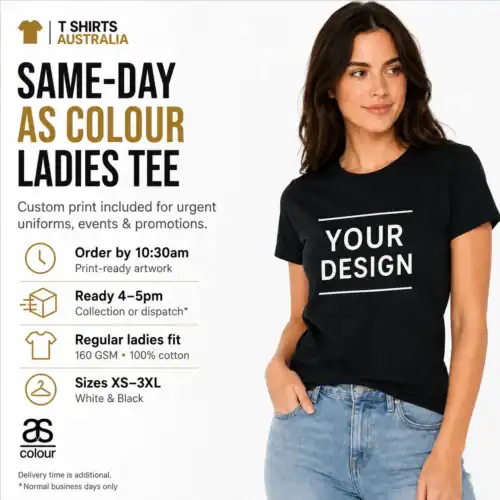 Woman wearing a black AS Colour ladies basic tee with a custom front print, representing custom printed women’s T-shirts available in Australia.