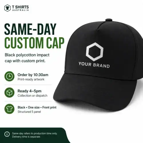 Same-day black polycotton impact cap with custom front print in Australia