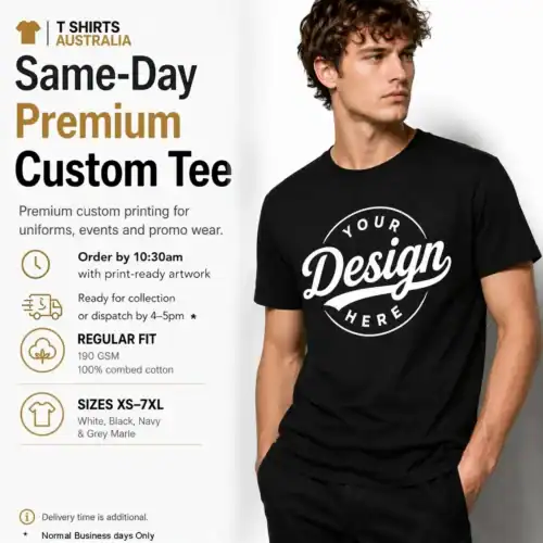 Same-day premium men’s custom T-shirt with personalised chest printing in Australia