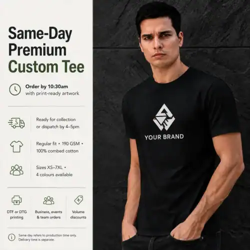 Same-day premium men’s custom T-shirt with personalised chest printing in Australia