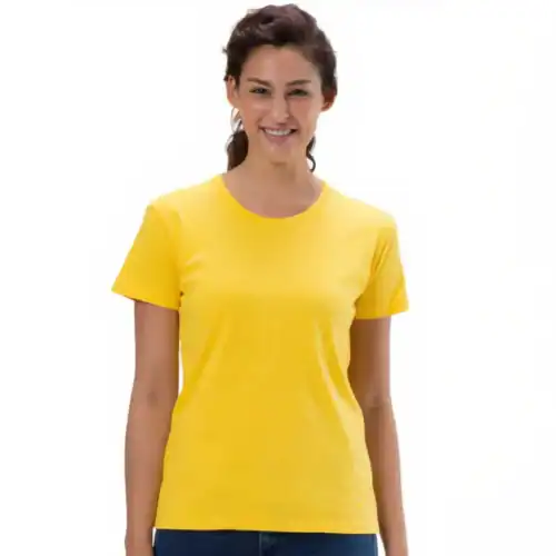 Front view of the QUOZ Wave ladies blank T-shirt in lemon yellow, modern fit 180 GSM cotton tee