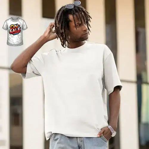 On Sale Premium Oversized Custom Tee in white, worn lifestyle front view with On Sale badge