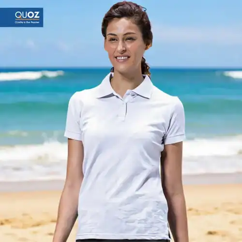 QUOZ Ladies Classic Polo in White with custom print, front view