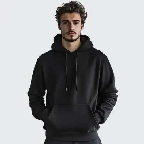 QUOZ Unisex Hoodie in Black, front lifestyle view on model