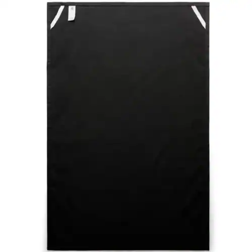 AS Colour Tea Towel in Black, studio back view, hang loops