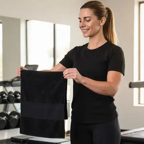 Blank Athletics Essential Gym Towel in Black, angle view, lady holding towel