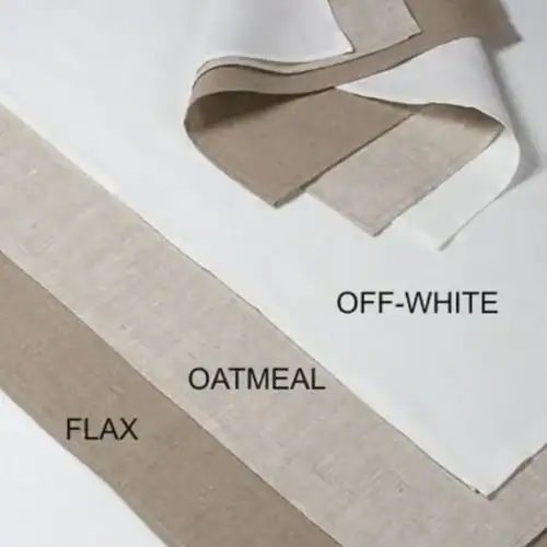 100% Linen Tea Towel in Off White, Oatmeal, and Flax, showing colours and finish