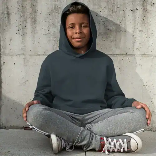 S. Designs Kids Hoodie in Navy, lifestyle front view