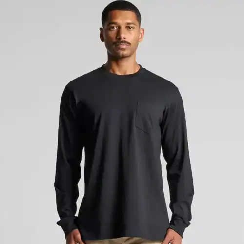 AS Colour Men's Classic Long Sleeve Pocket T Shirt with custom print, Black, studio front view