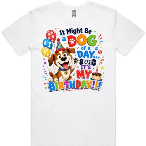 Dog Day Birthday men’s white t-shirt lay flat with funny dog birthday design on front