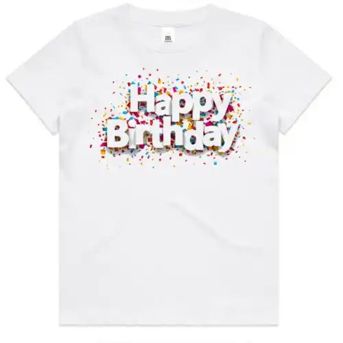 Happy Birthday kids t-shirt in white shown lay flat with front design