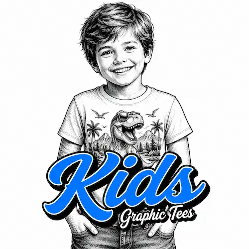 Kids graphic t-shirts category image showing an illustrated child wearing a dinosaur printed tee with Kids Graphic Tees text.